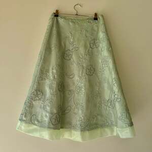 Sage Green Embroidered Sequin A-Line Floral Midi Skirt